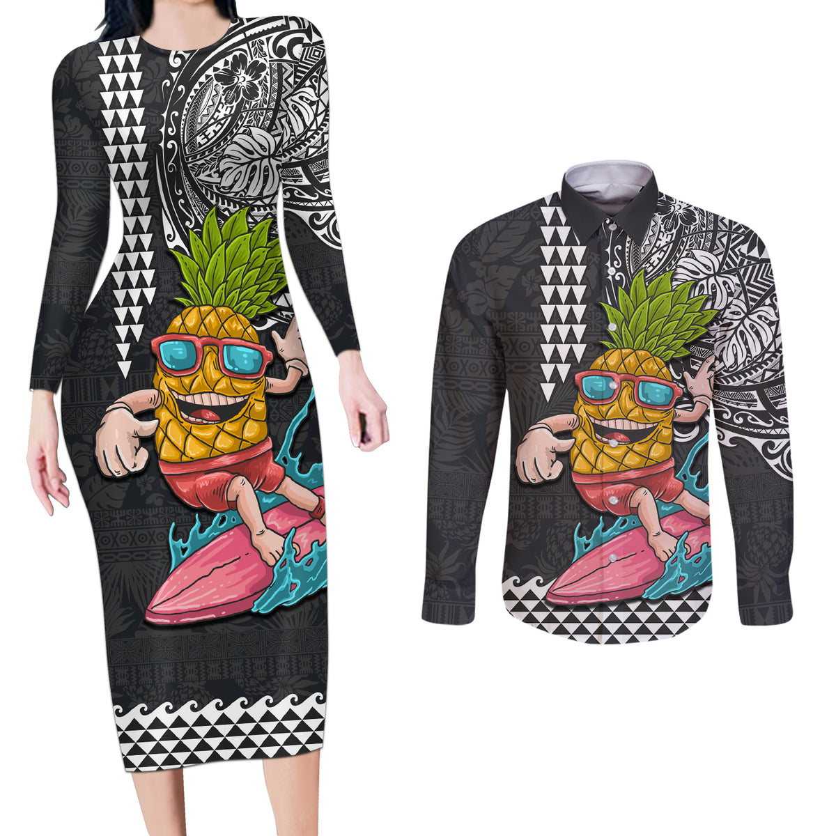 Hawaii Pineapple Surfing Kakau Tribal Personalised Couples Matching Long Sleeve Bodycon Dress and Long Sleeve Button Shirt LT03 Brown - Polynesian Pride