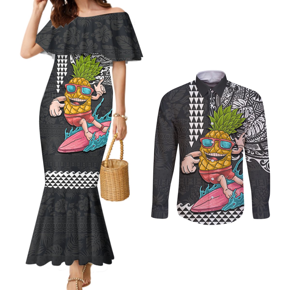Hawaii Pineapple Surfing Kakau Tribal Personalised Couples Matching Mermaid Dress and Long Sleeve Button Shirt LT03 Brown - Polynesian Pride