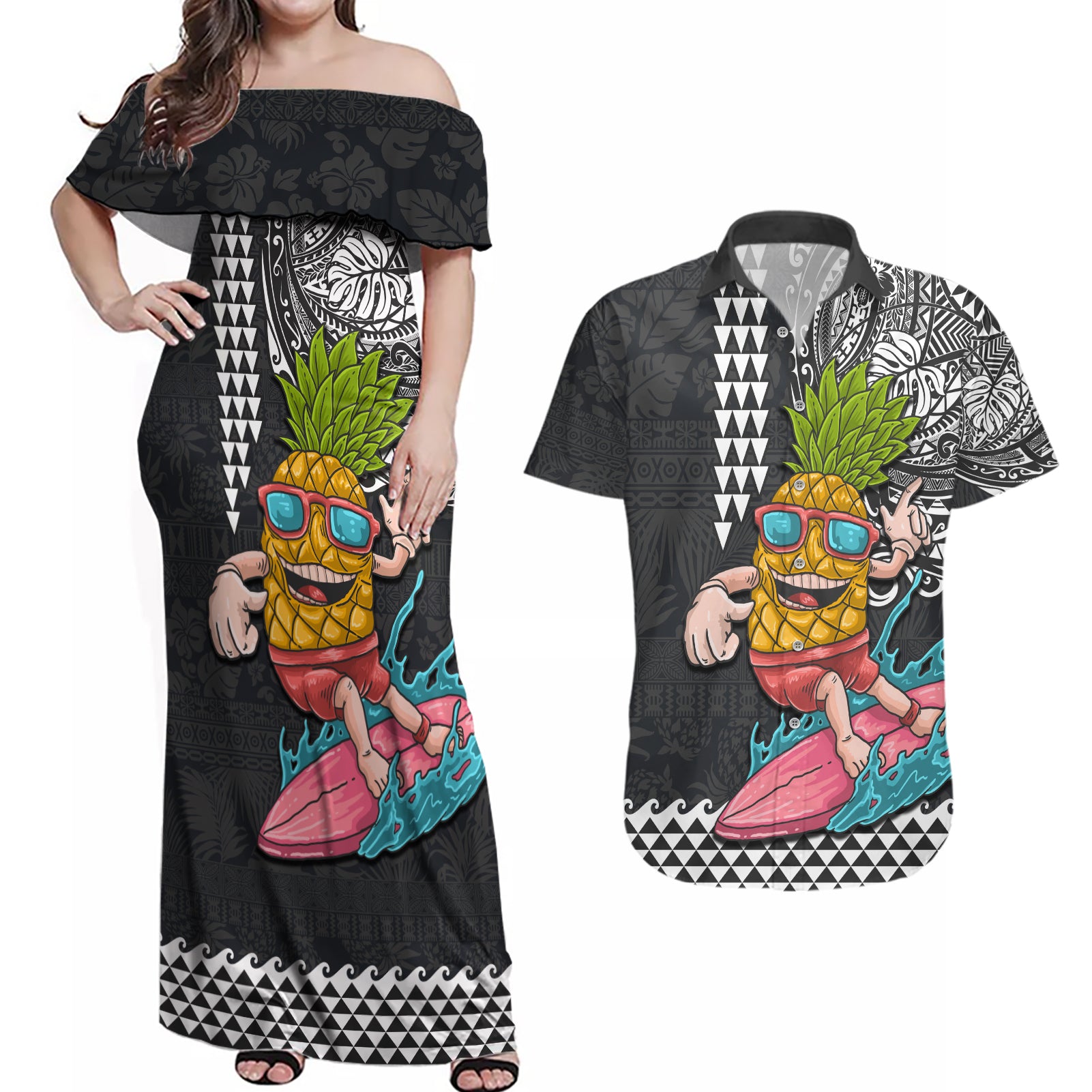 Hawaii Pineapple Surfing Kakau Tribal Personalised Couples Matching Off Shoulder Maxi Dress and Hawaiian Shirt LT03 Brown - Polynesian Pride