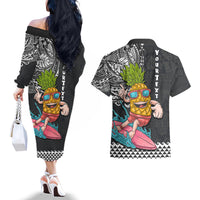 Hawaii Pineapple Surfing Kakau Tribal Personalised Couples Matching Off The Shoulder Long Sleeve Dress and Hawaiian Shirt LT03 - Polynesian Pride