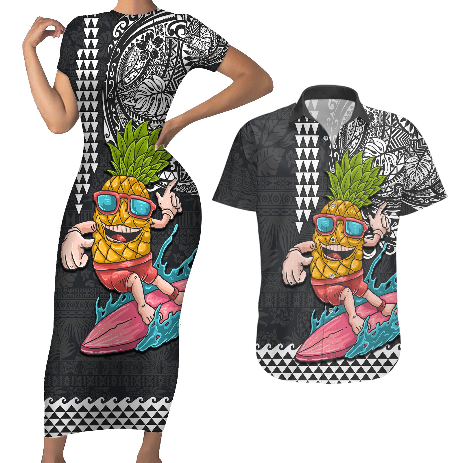 Hawaii Pineapple Surfing Kakau Tribal Personalised Couples Matching Short Sleeve Bodycon Dress and Hawaiian Shirt LT03 Brown - Polynesian Pride