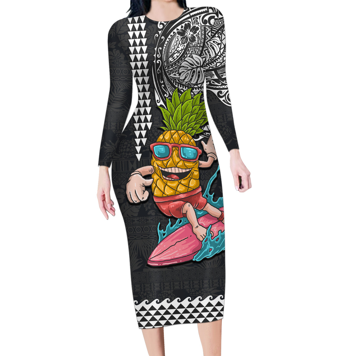 Hawaii Pineapple Surfing Kakau Tribal Personalised Family Matching Long Sleeve Bodycon Dress and Hawaiian Shirt LT03 Mom's Dress Brown - Polynesian Pride