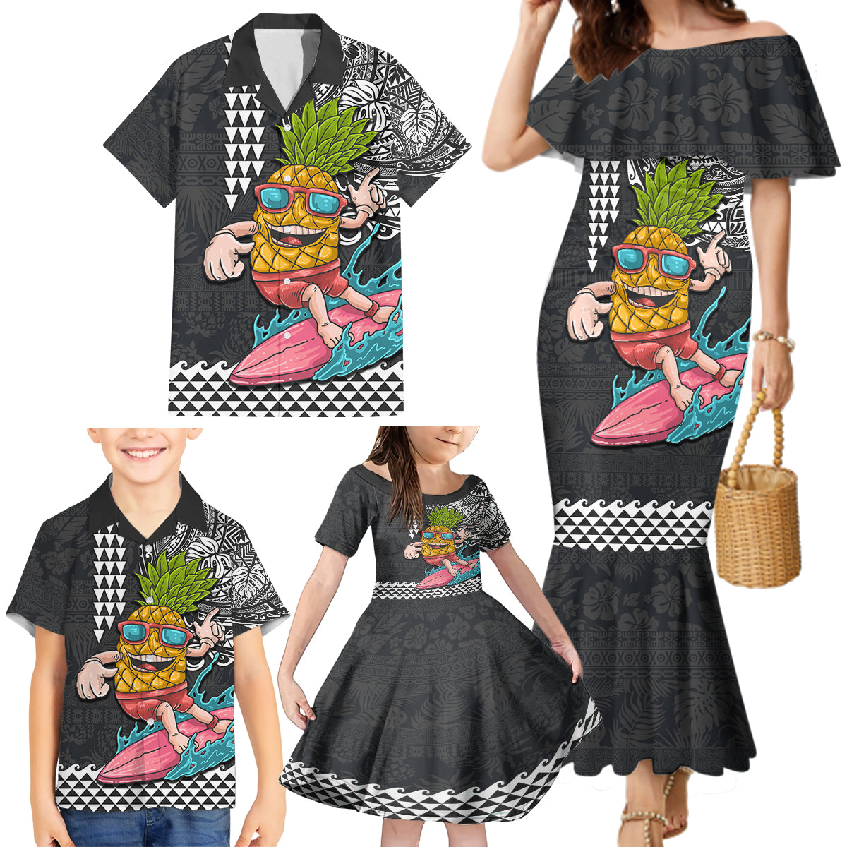 Hawaii Pineapple Surfing Kakau Tribal Personalised Family Matching Mermaid Dress and Hawaiian Shirt LT03 - Polynesian Pride