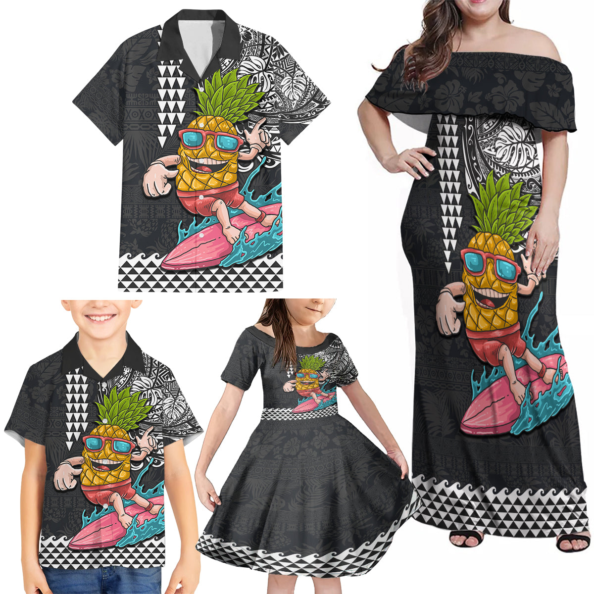 Hawaii Pineapple Surfing Kakau Tribal Personalised Family Matching Off Shoulder Maxi Dress and Hawaiian Shirt LT03 - Polynesian Pride