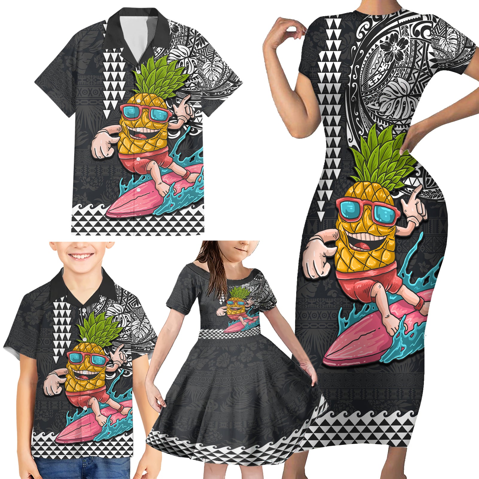 Hawaii Pineapple Surfing Kakau Tribal Personalised Family Matching Short Sleeve Bodycon Dress and Hawaiian Shirt LT03 - Polynesian Pride