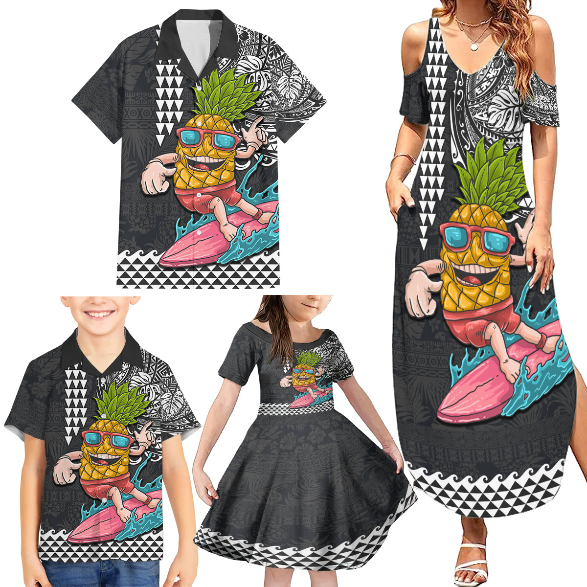 Hawaii Pineapple Surfing Kakau Tribal Personalised Family Matching Summer Maxi Dress and Hawaiian Shirt LT03 - Polynesian Pride