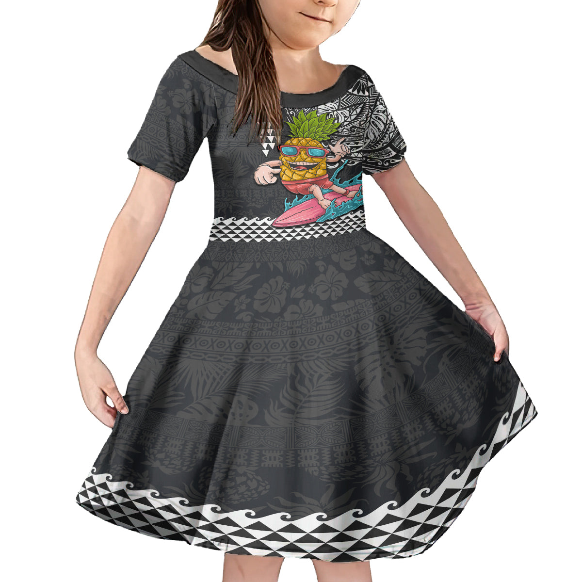 Hawaii Pineapple Surfing Kakau Tribal Personalised Family Matching Tank Maxi Dress and Hawaiian Shirt LT03 Daughter's Dress Brown - Polynesian Pride