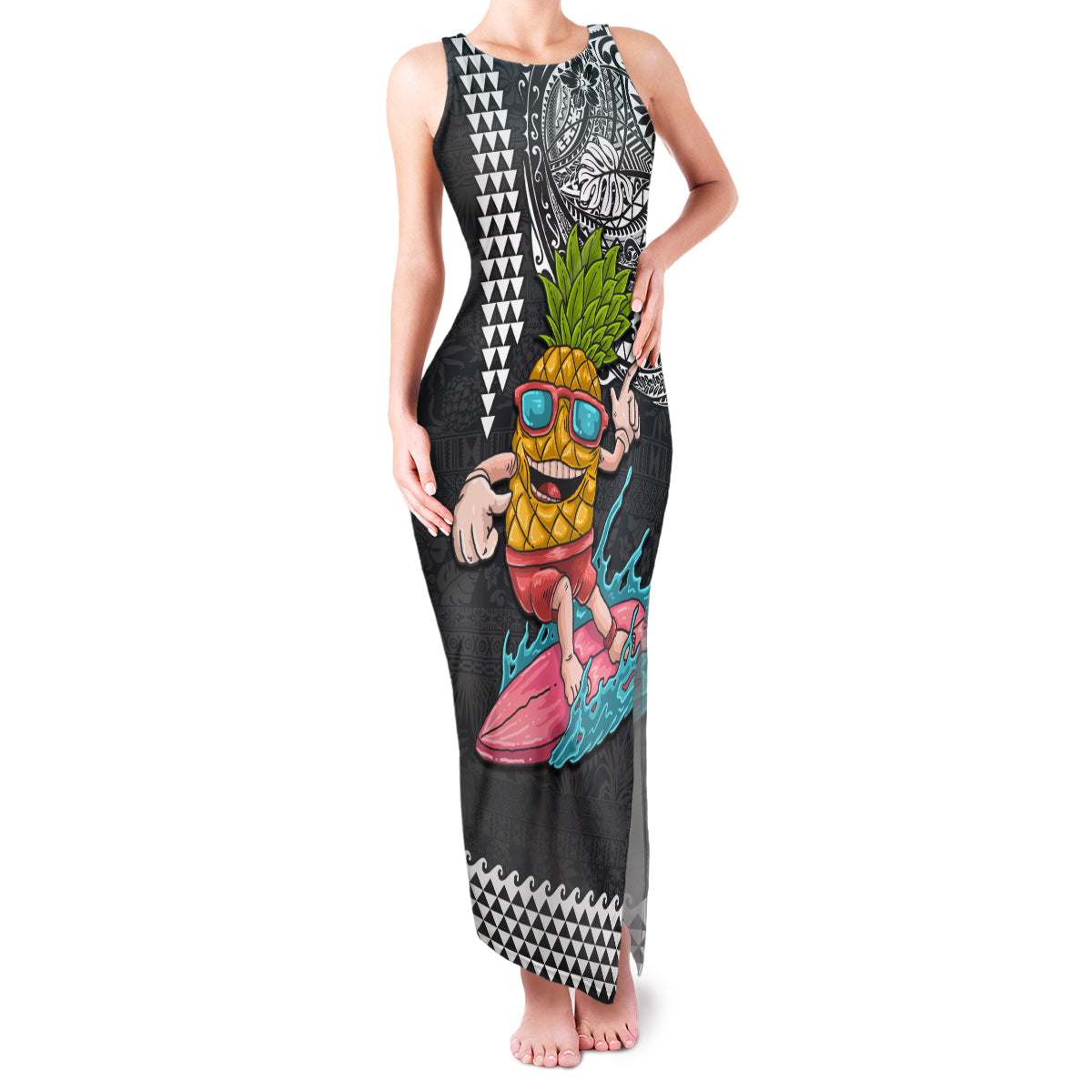 Hawaii Pineapple Surfing Kakau Tribal Personalised Family Matching Tank Maxi Dress and Hawaiian Shirt LT03 Mom's Dress Brown - Polynesian Pride