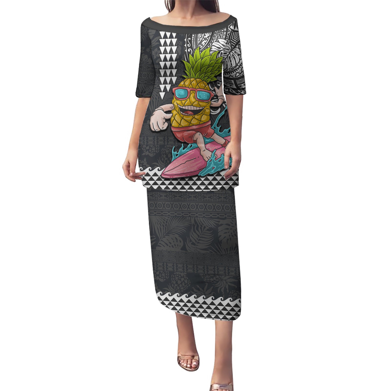 Hawaii Pineapple Surfing Kakau Tribal Personalised Puletasi LT03 Long Dress Brown - Polynesian Pride