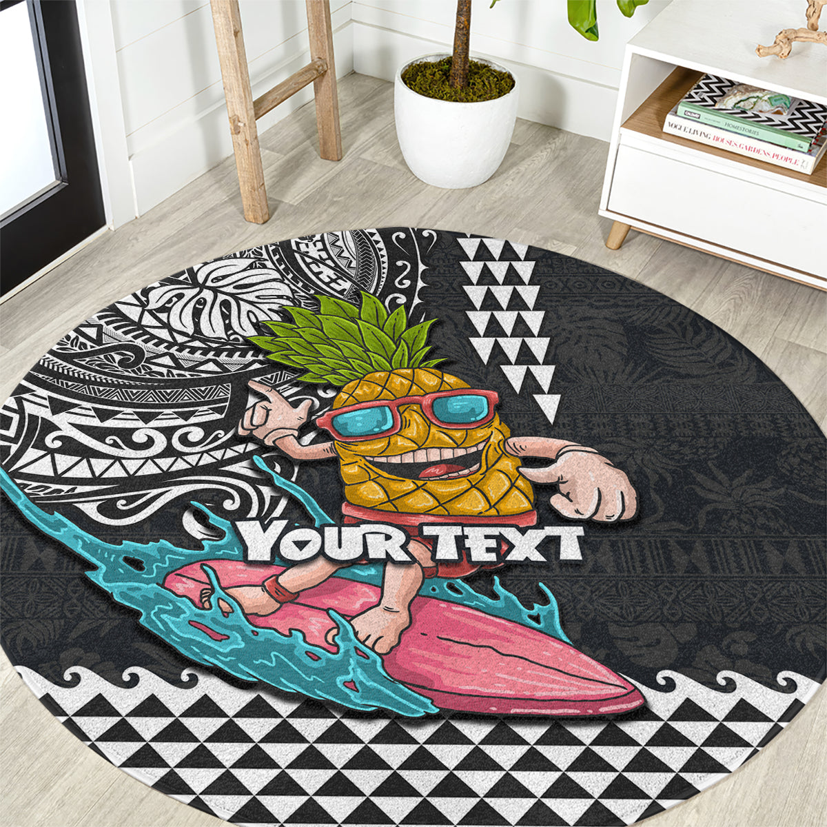 Hawaii Pineapple Surfing Kakau Tribal Personalised Round Carpet LT03 Brown - Polynesian Pride