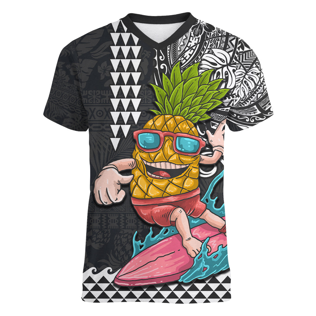 Hawaii Pineapple Surfing Kakau Tribal Personalised Women V Neck T Shirt LT03 Female Brown - Polynesian Pride