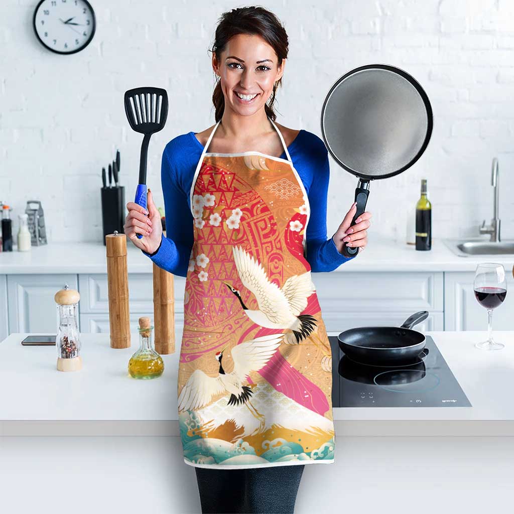 Hawaiian and Japanese Culture Together Apron Kakau Art Tattoo with Cranes and Sakura Spring Vibe - Polynesian Pride