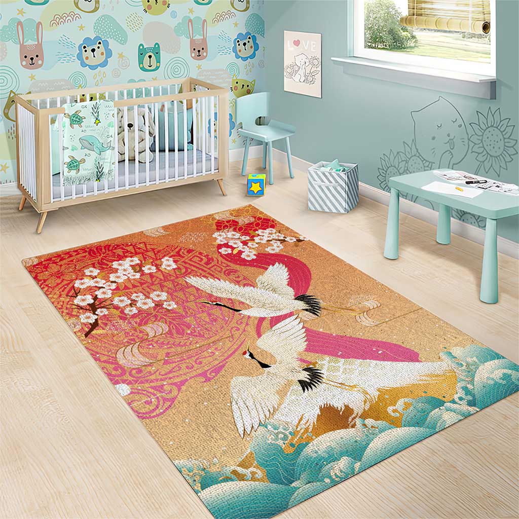 Hawaiian and Japanese Culture Together Area Rug Kakau Art Tattoo with Cranes and Sakura Spring Vibe - Polynesian Pride