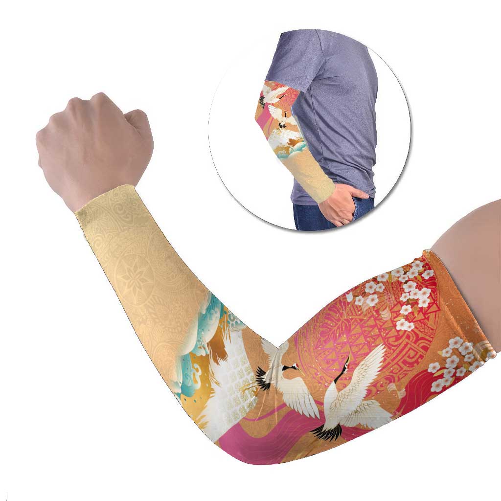 Hawaiian and Japanese Culture Together Arm Sleeves Kakau Art Tattoo with Cranes and Sakura Spring Vibe LT03 Set of 2 Multicolor - Polynesian Pride