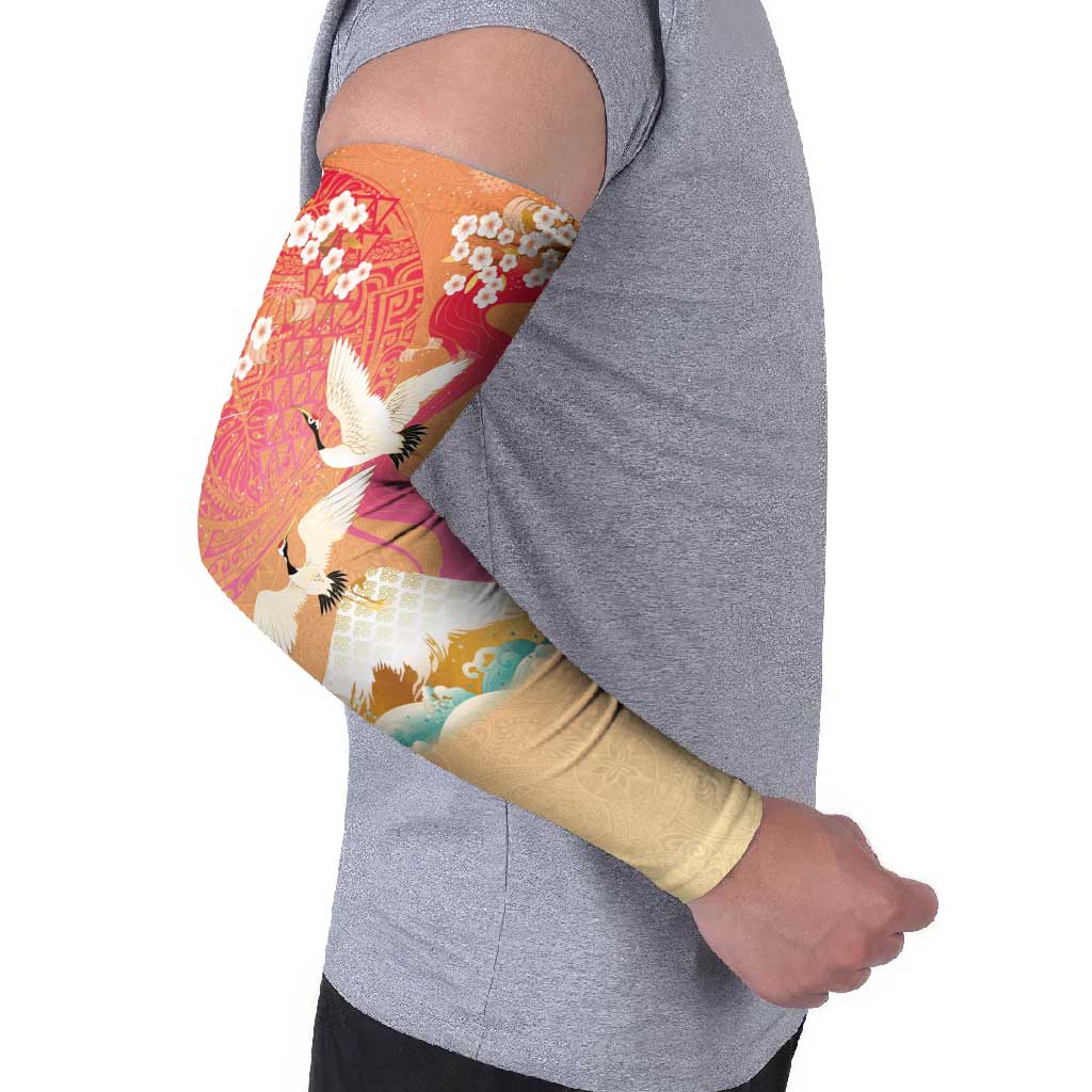 Hawaiian and Japanese Culture Together Arm Sleeves Kakau Art Tattoo with Cranes and Sakura Spring Vibe - Polynesian Pride