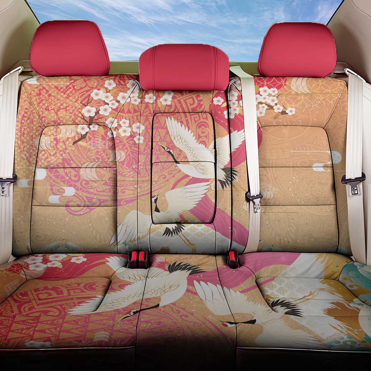 Hawaiian and Japanese Culture Together Back Car Seat Cover Kakau Art Tattoo with Cranes and Sakura Spring Vibe LT03 One Size Multicolor - Polynesian Pride