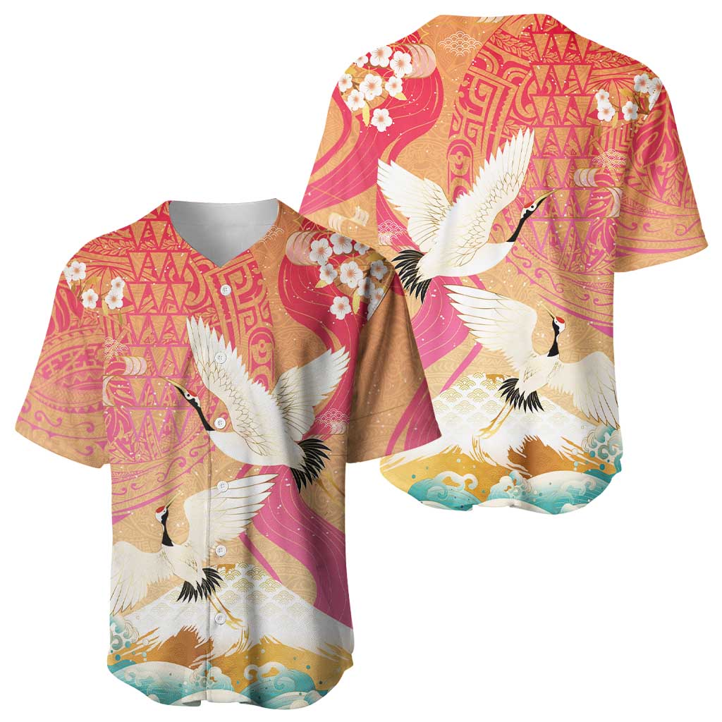 Hawaiian and Japanese Culture Together Baseball Jersey Kakau Art Tattoo with Cranes and Sakura Spring Vibe - Polynesian Pride