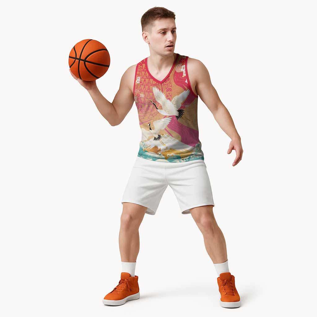 Hawaiian and Japanese Culture Together Basketball Jersey Kakau Art Tattoo with Cranes and Sakura Spring Vibe - Polynesian Pride