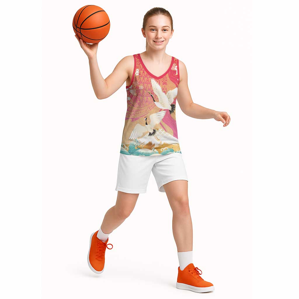 Hawaiian and Japanese Culture Together Basketball Jersey Kakau Art Tattoo with Cranes and Sakura Spring Vibe - Polynesian Pride