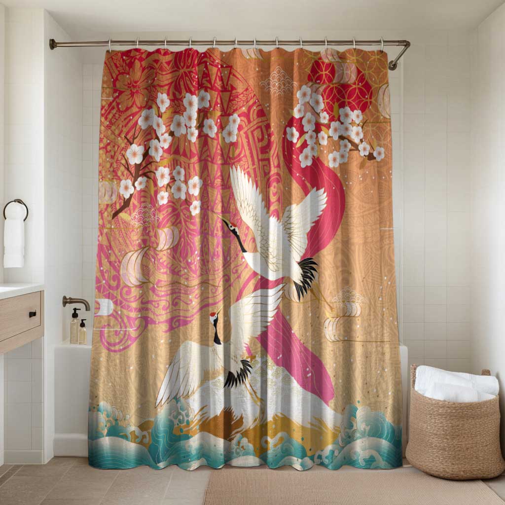 Hawaiian and Japanese Culture Together Bathroom Set Kakau Art Tattoo with Cranes and Sakura Spring Vibe - Polynesian Pride