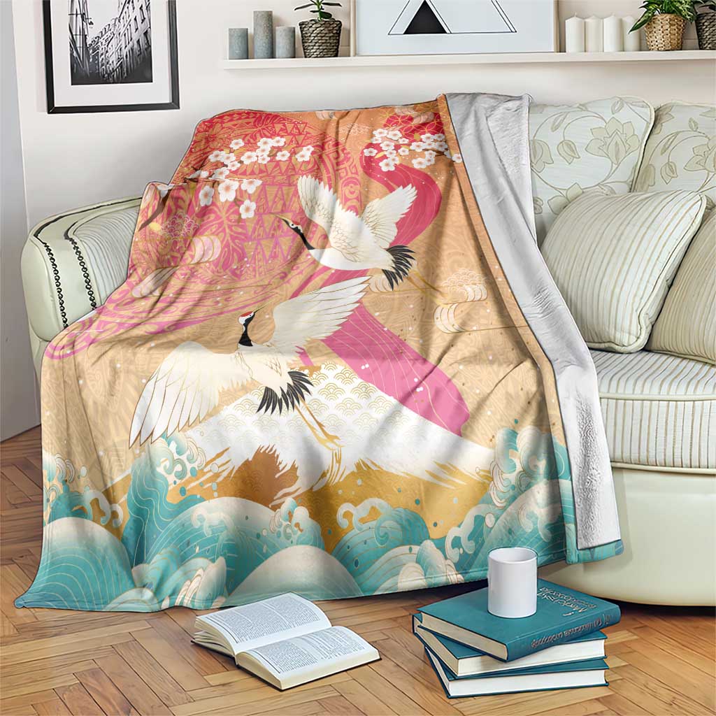 Hawaiian and Japanese Culture Together Blanket Kakau Art Tattoo with Cranes and Sakura Spring Vibe - Polynesian Pride