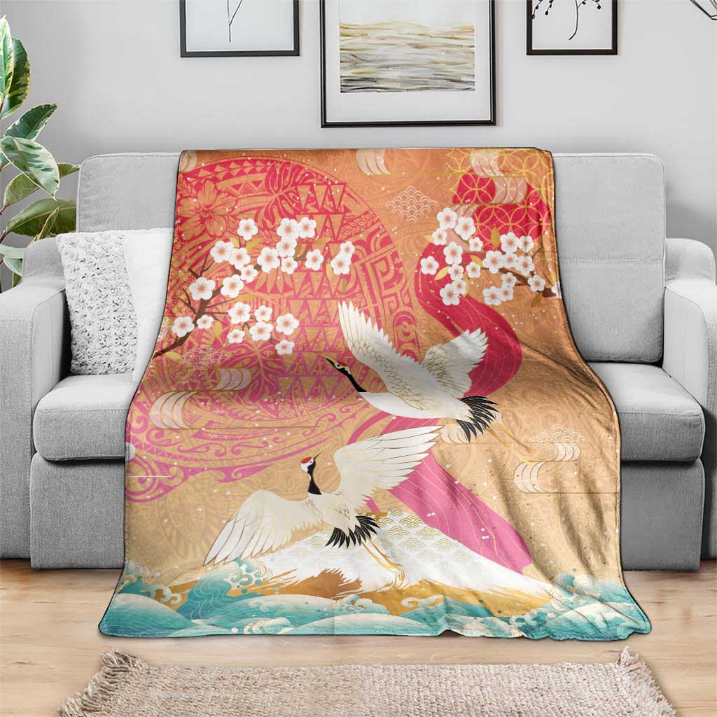 Hawaiian and Japanese Culture Together Blanket Kakau Art Tattoo with Cranes and Sakura Spring Vibe - Polynesian Pride