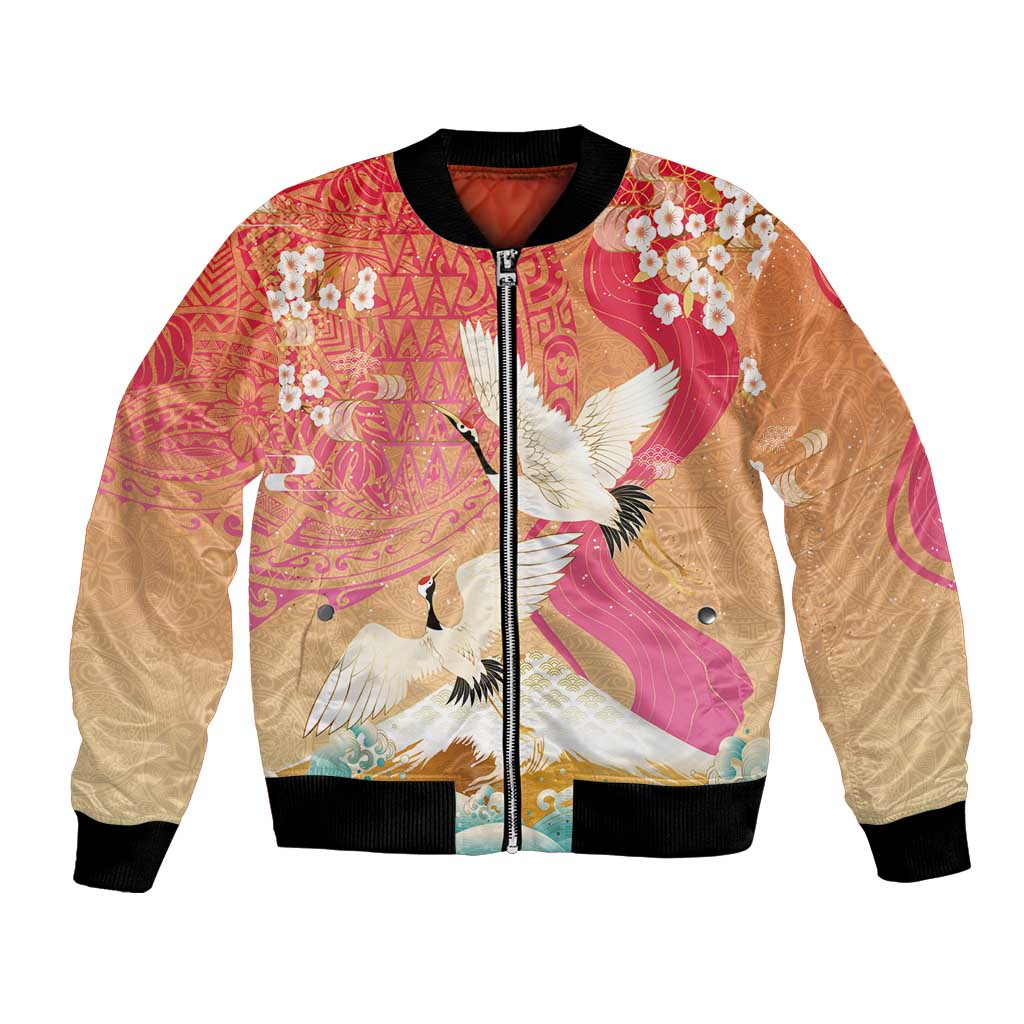 Hawaiian and Japanese Culture Together Bomber Jacket Kakau Art Tattoo with Cranes and Sakura Spring Vibe - Polynesian Pride
