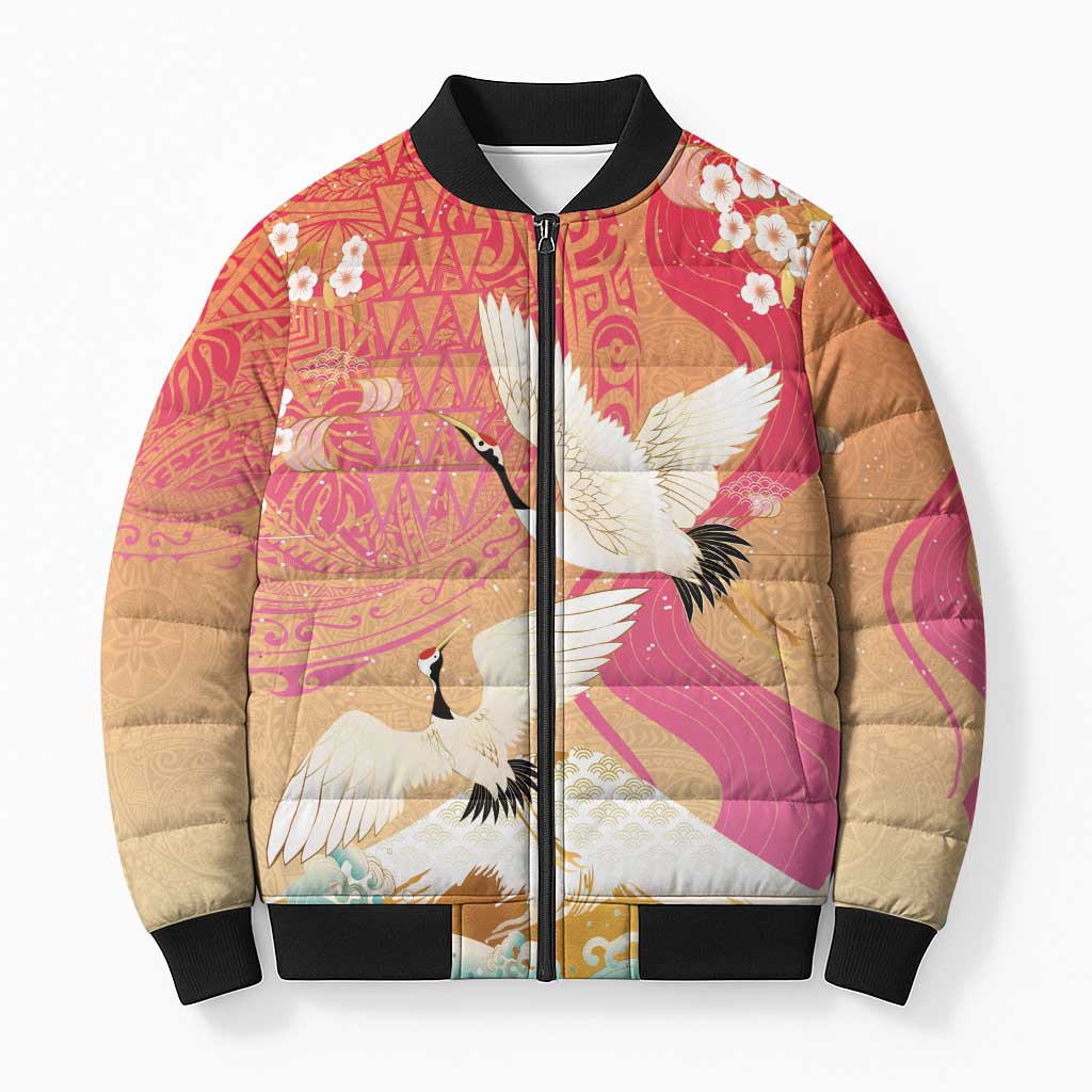 Hawaiian and Japanese Culture Together Bomber Puffer Jacket Kakau Art Tattoo with Cranes and Sakura Spring Vibe LT03 Unisex Multicolor - Polynesian Pride