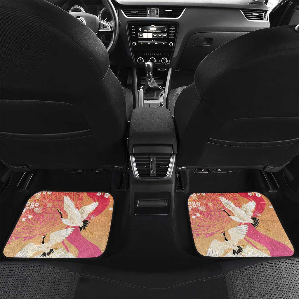 Hawaiian and Japanese Culture Together Car Mats Kakau Art Tattoo with Cranes and Sakura Spring Vibe - Polynesian Pride