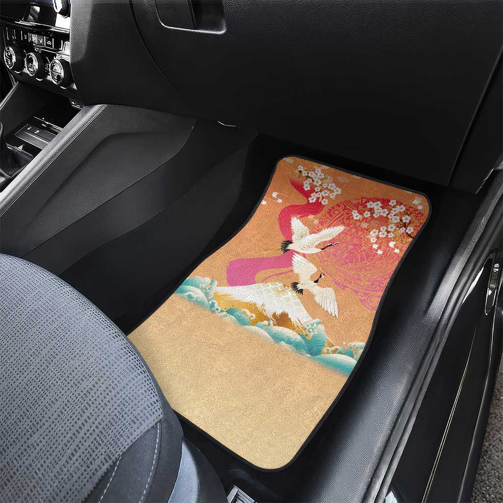 Hawaiian and Japanese Culture Together Car Mats Kakau Art Tattoo with Cranes and Sakura Spring Vibe - Polynesian Pride