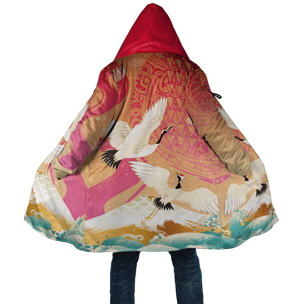 Hawaiian and Japanese Culture Together Cloak Kakau Art Tattoo with Cranes and Sakura Spring Vibe LT03 Unisex Multicolor - Polynesian Pride
