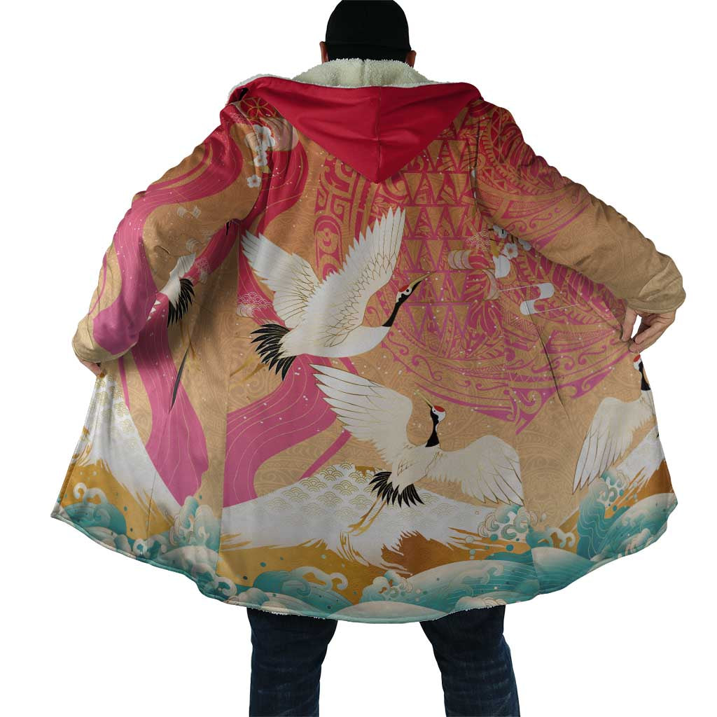 Hawaiian and Japanese Culture Together Cloak Kakau Art Tattoo with Cranes and Sakura Spring Vibe LT03 - Polynesian Pride