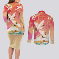 Hawaiian and Japanese Culture Together Couples Matching Long Sleeve Bodycon Dress and Long Sleeve Button Shirt Kakau Art Tattoo with Cranes and Sakura Spring Vibe - Polynesian Pride