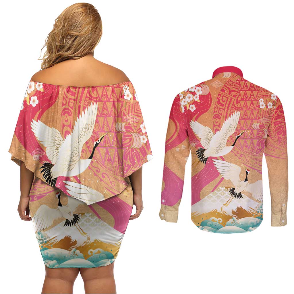 Hawaiian and Japanese Culture Together Couples Matching Off Shoulder Short Dress and Long Sleeve Button Shirt Kakau Art Tattoo with Cranes and Sakura Spring Vibe - Polynesian Pride