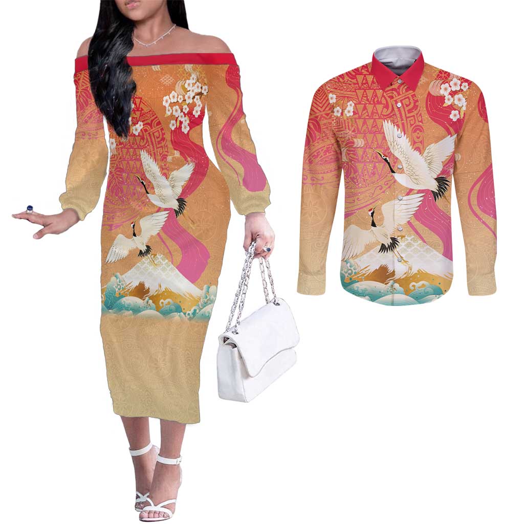 Hawaiian and Japanese Culture Together Couples Matching Off The Shoulder Long Sleeve Dress and Long Sleeve Button Shirt Kakau Art Tattoo with Cranes and Sakura Spring Vibe - Polynesian Pride