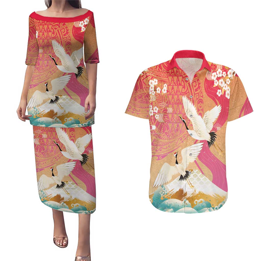 Hawaiian and Japanese Culture Together Couples Matching Puletasi and Hawaiian Shirt Kakau Art Tattoo with Cranes and Sakura Spring Vibe LT03 Multicolor - Polynesian Pride