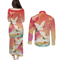 Hawaiian and Japanese Culture Together Couples Matching Puletasi and Long Sleeve Button Shirt Kakau Art Tattoo with Cranes and Sakura Spring Vibe - Polynesian Pride