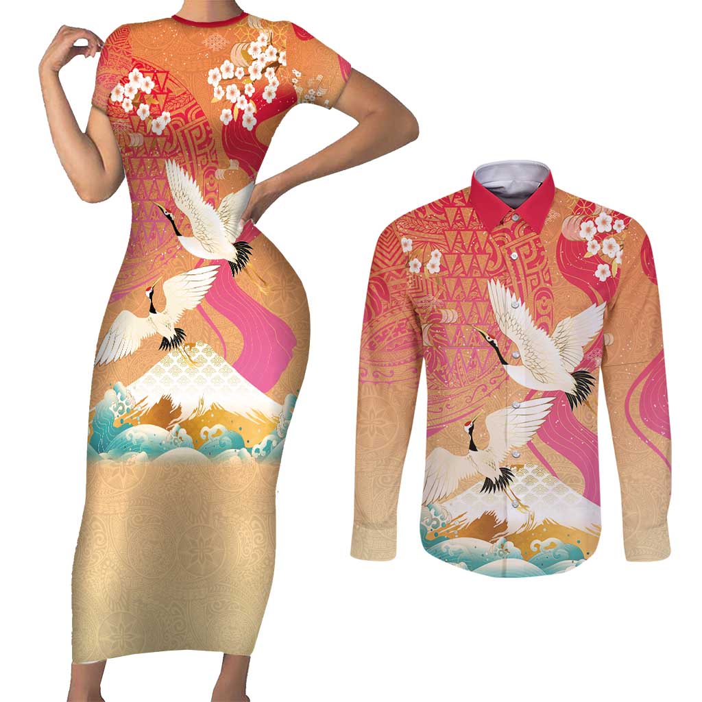 Hawaiian and Japanese Culture Together Couples Matching Short Sleeve Bodycon Dress and Long Sleeve Button Shirt Kakau Art Tattoo with Cranes and Sakura Spring Vibe - Polynesian Pride