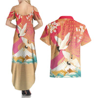 Hawaiian and Japanese Culture Together Couples Matching Summer Maxi Dress and Hawaiian Shirt Kakau Art Tattoo with Cranes and Sakura Spring Vibe - Polynesian Pride