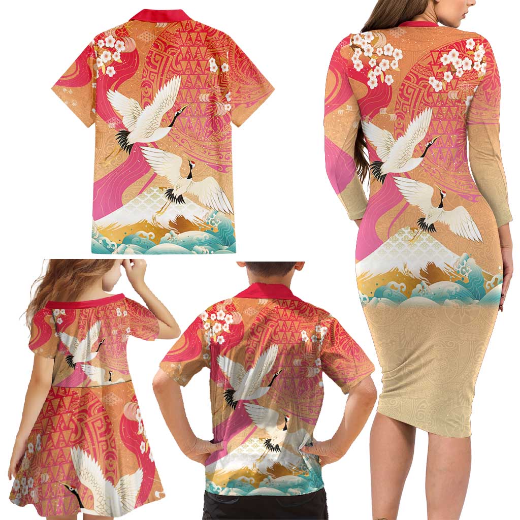 Hawaiian and Japanese Culture Together Family Matching Long Sleeve Bodycon Dress and Hawaiian Shirt Kakau Art Tattoo with Cranes and Sakura Spring Vibe - Polynesian Pride