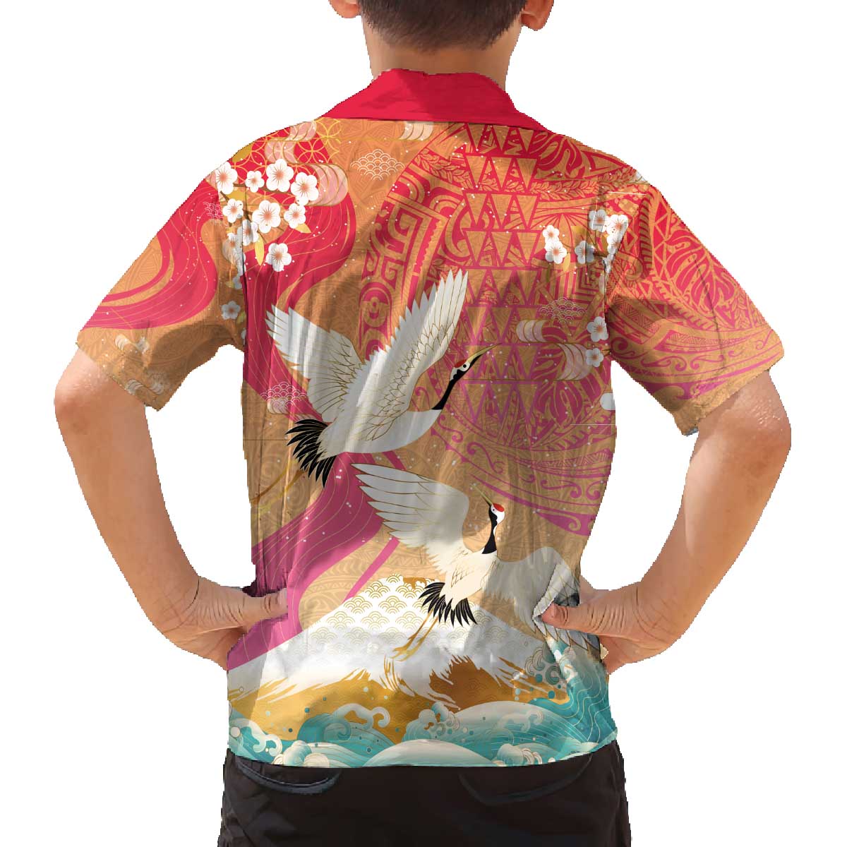Hawaiian and Japanese Culture Together Family Matching Off The Shoulder Long Sleeve Dress and Hawaiian Shirt Kakau Art Tattoo with Cranes and Sakura Spring Vibe - Polynesian Pride