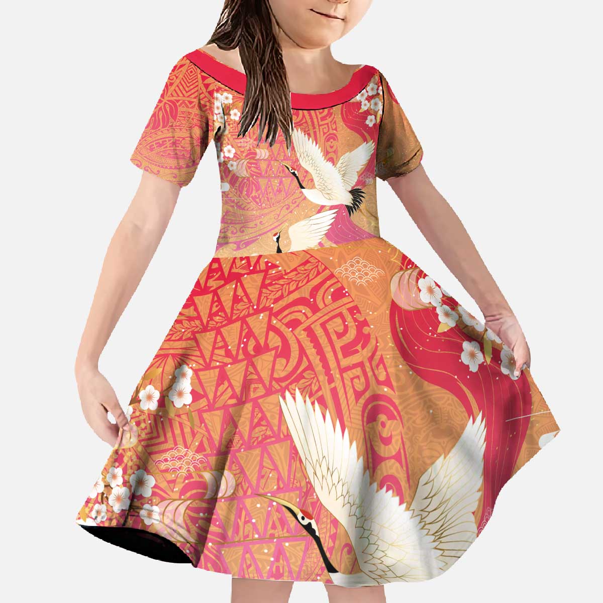Hawaiian and Japanese Culture Together Family Matching Off The Shoulder Long Sleeve Dress and Hawaiian Shirt Kakau Art Tattoo with Cranes and Sakura Spring Vibe - Polynesian Pride
