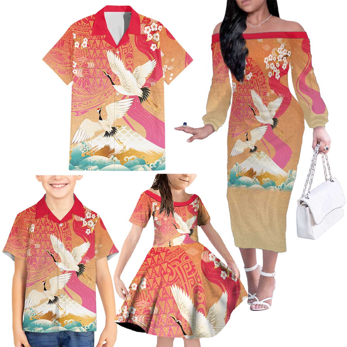 Hawaiian and Japanese Culture Together Family Matching Off The Shoulder Long Sleeve Dress and Hawaiian Shirt Kakau Art Tattoo with Cranes and Sakura Spring Vibe - Polynesian Pride
