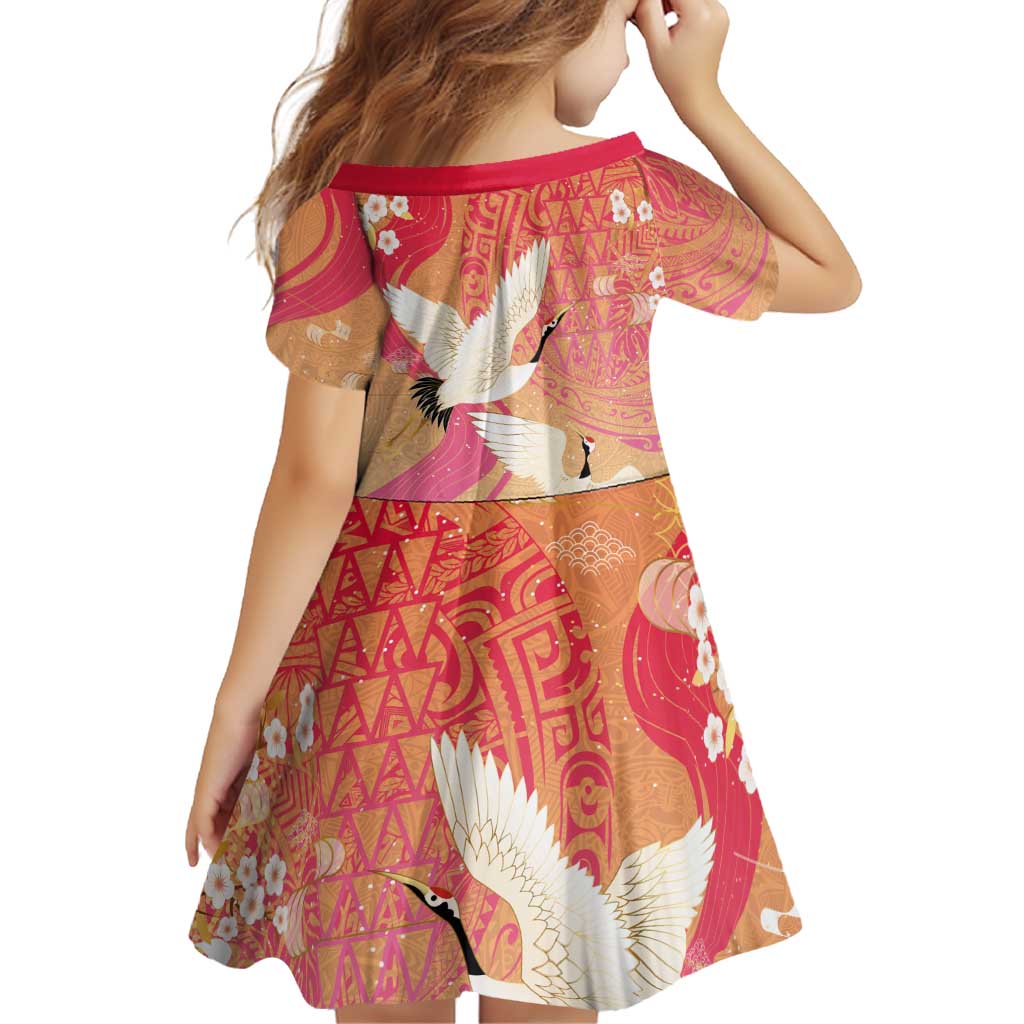 Hawaiian and Japanese Culture Together Family Matching Puletasi and Hawaiian Shirt Kakau Art Tattoo with Cranes and Sakura Spring Vibe - Polynesian Pride