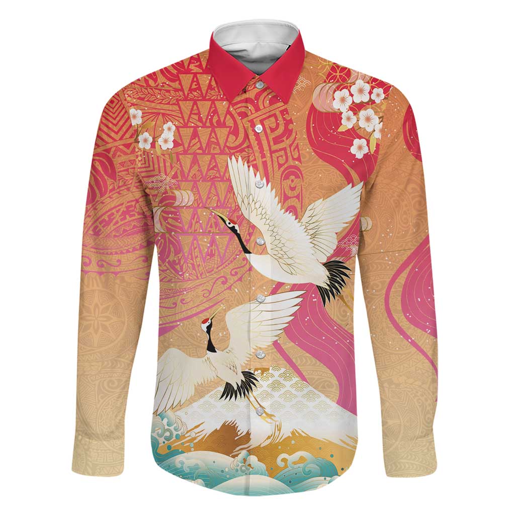Hawaiian and Japanese Culture Together Family Matching Puletasi and Hawaiian Shirt Kakau Art Tattoo with Cranes and Sakura Spring Vibe - Polynesian Pride