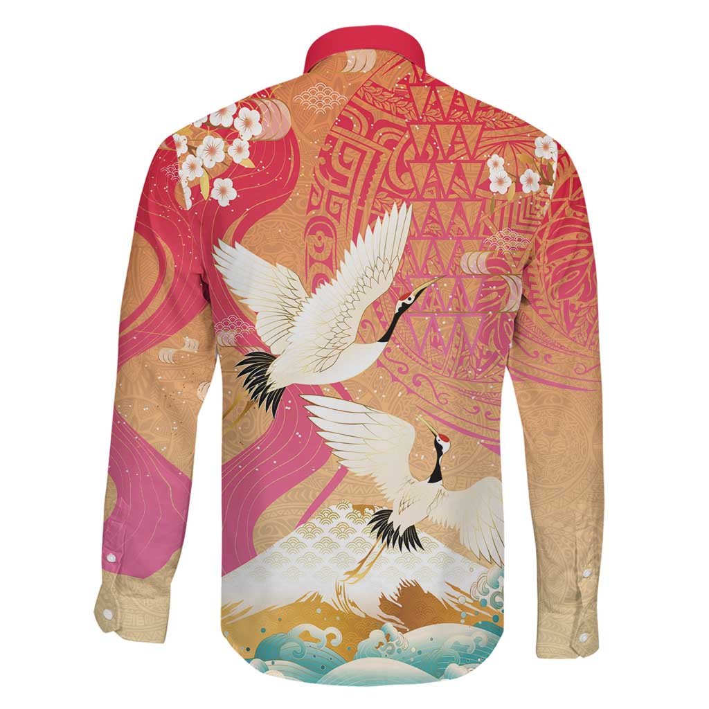 Hawaiian and Japanese Culture Together Family Matching Puletasi and Hawaiian Shirt Kakau Art Tattoo with Cranes and Sakura Spring Vibe - Polynesian Pride