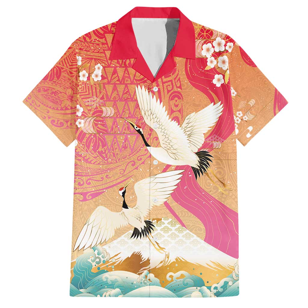 Hawaiian and Japanese Culture Together Family Matching Short Sleeve Bodycon Dress and Hawaiian Shirt Kakau Art Tattoo with Cranes and Sakura Spring Vibe - Polynesian Pride