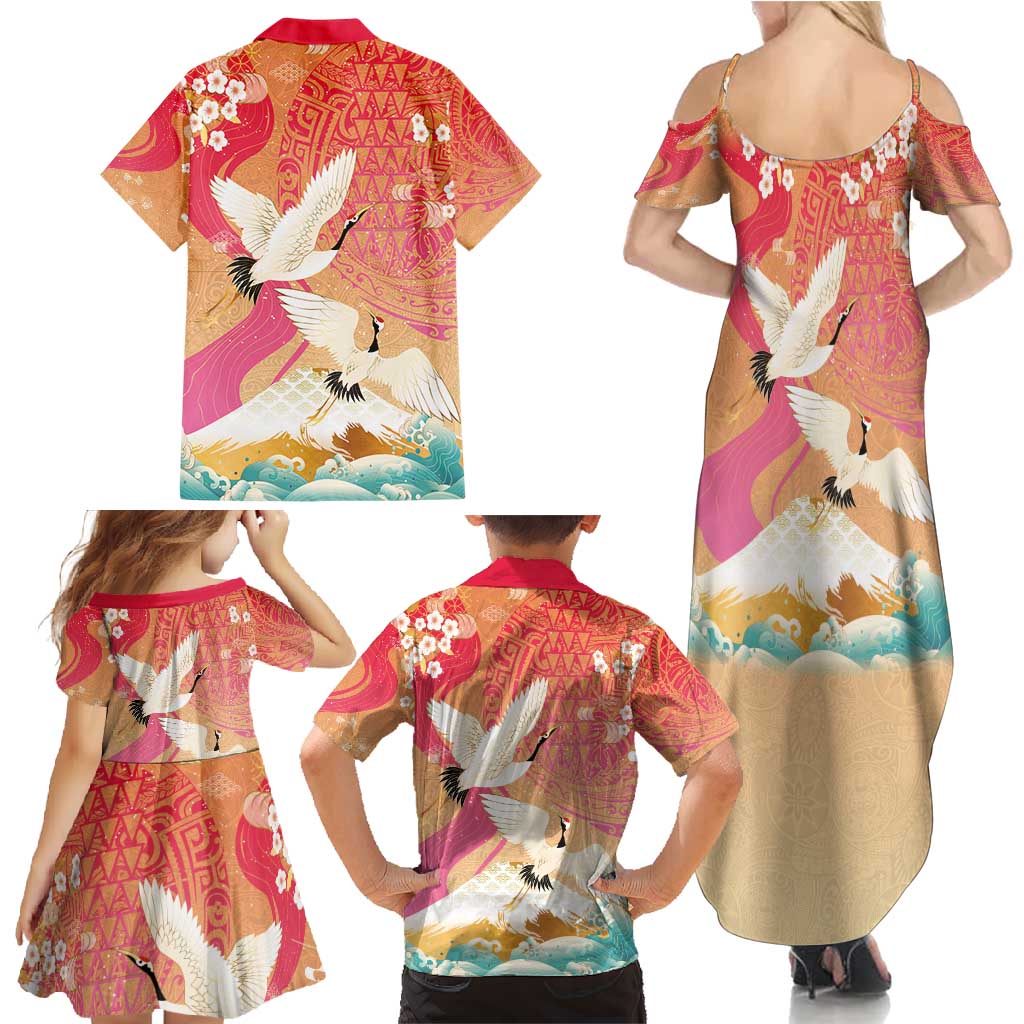 Hawaiian and Japanese Culture Together Family Matching Summer Maxi Dress and Hawaiian Shirt Kakau Art Tattoo with Cranes and Sakura Spring Vibe - Polynesian Pride