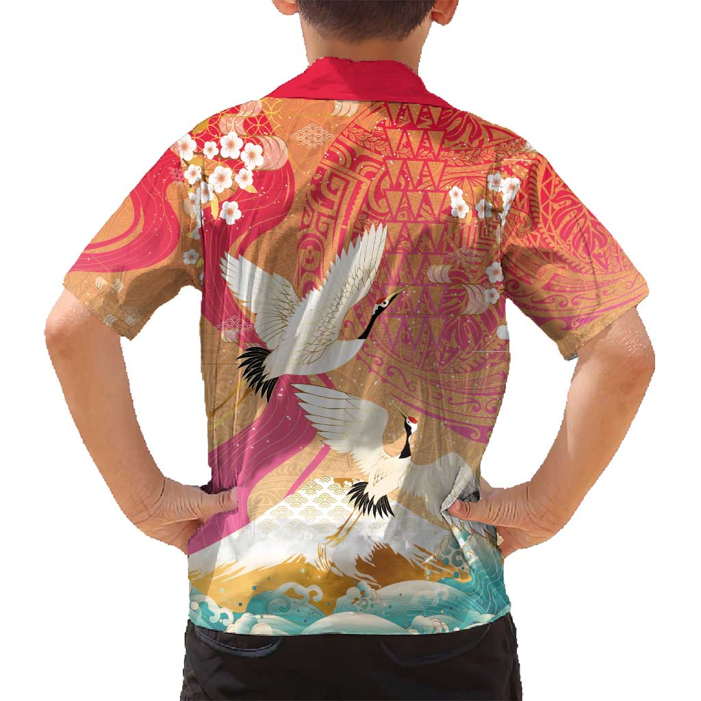 Hawaiian and Japanese Culture Together Family Matching Tank Maxi Dress and Hawaiian Shirt Kakau Art Tattoo with Cranes and Sakura Spring Vibe - Polynesian Pride