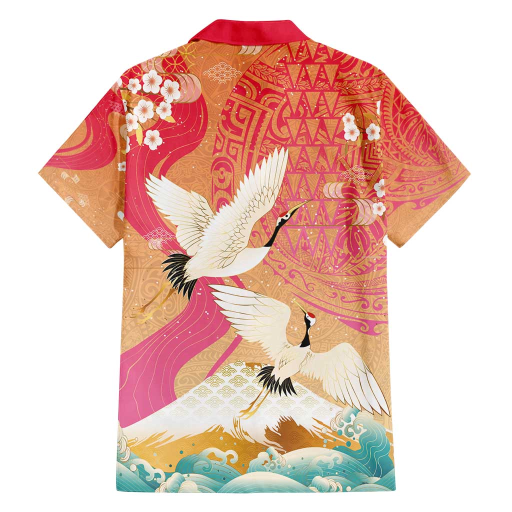 Hawaiian and Japanese Culture Together Family Matching Tank Maxi Dress and Hawaiian Shirt Kakau Art Tattoo with Cranes and Sakura Spring Vibe - Polynesian Pride